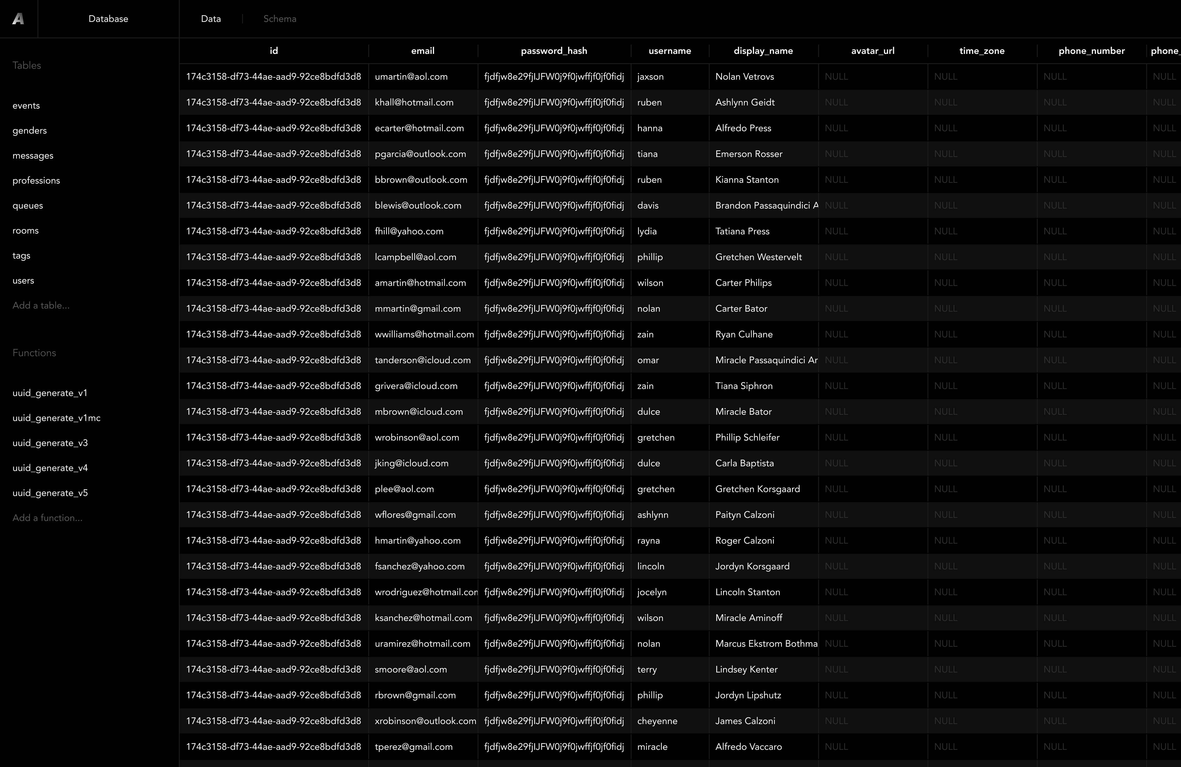 Argus Database Table Dark Mode